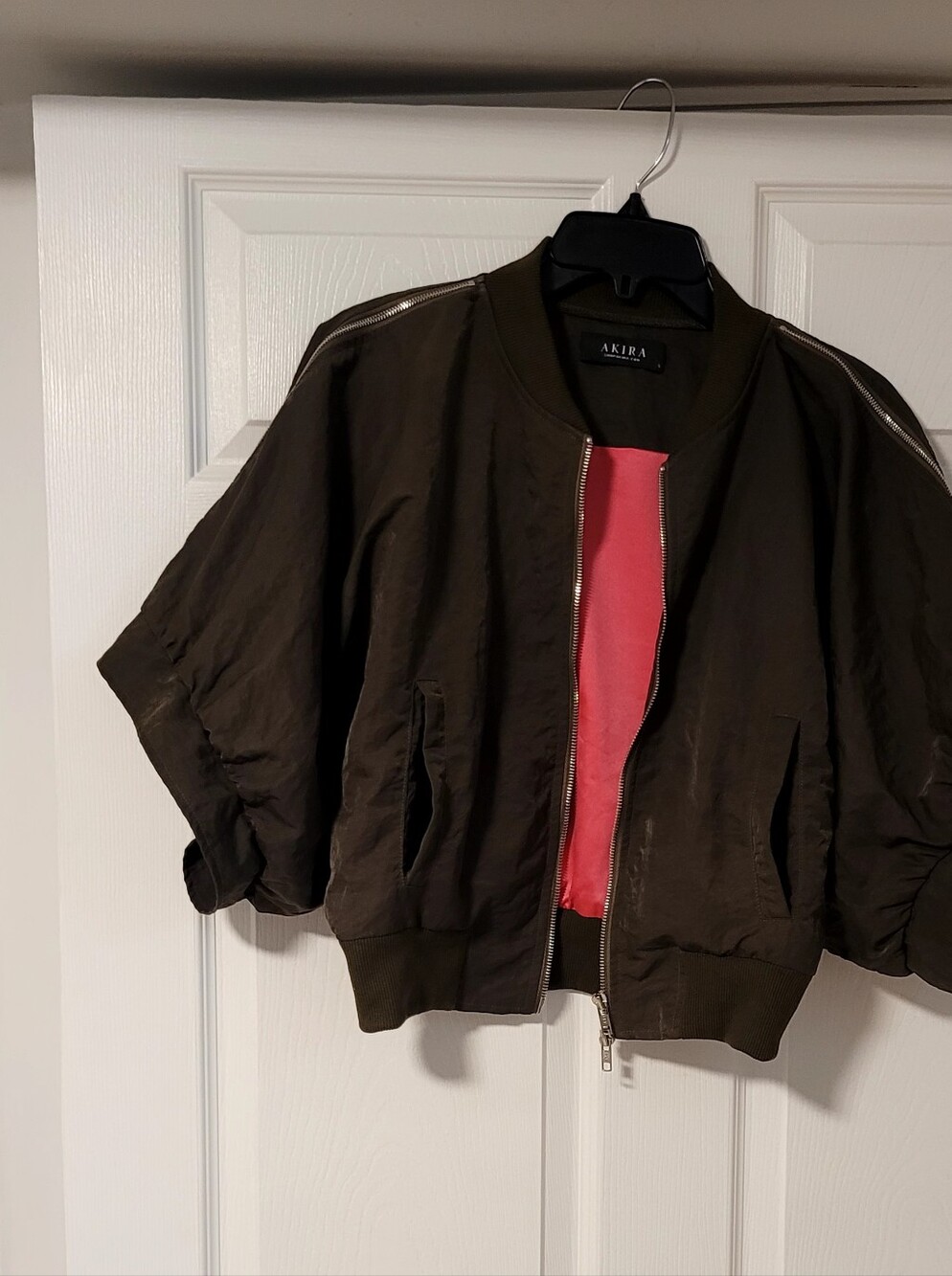 AKIRA Olive Bomber Jacket with Pink Lining